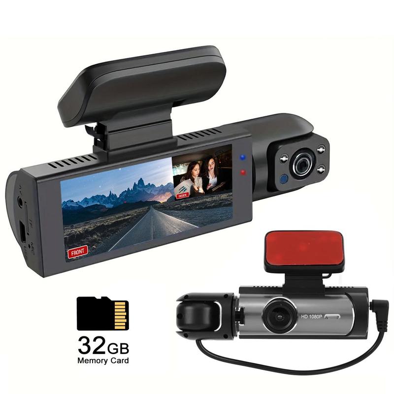 Front & Inside Dashcam, 1 Count Dash Camera for Car, Car Dashcam with 32GB Memory Card, Wide Angle Car Driving Recorder with IR Night-Visionr,  3.16 Inch IPS Screen 1080P HD Car Camera with Dual Lens, Fall Gift Birthday Gifts